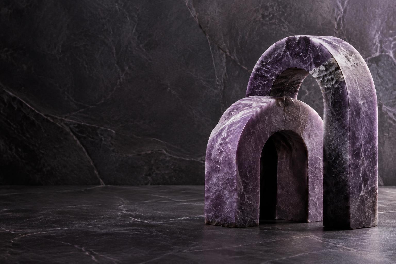 Interlocking amethyst stone arches — an artistic interpretation of soul architecture